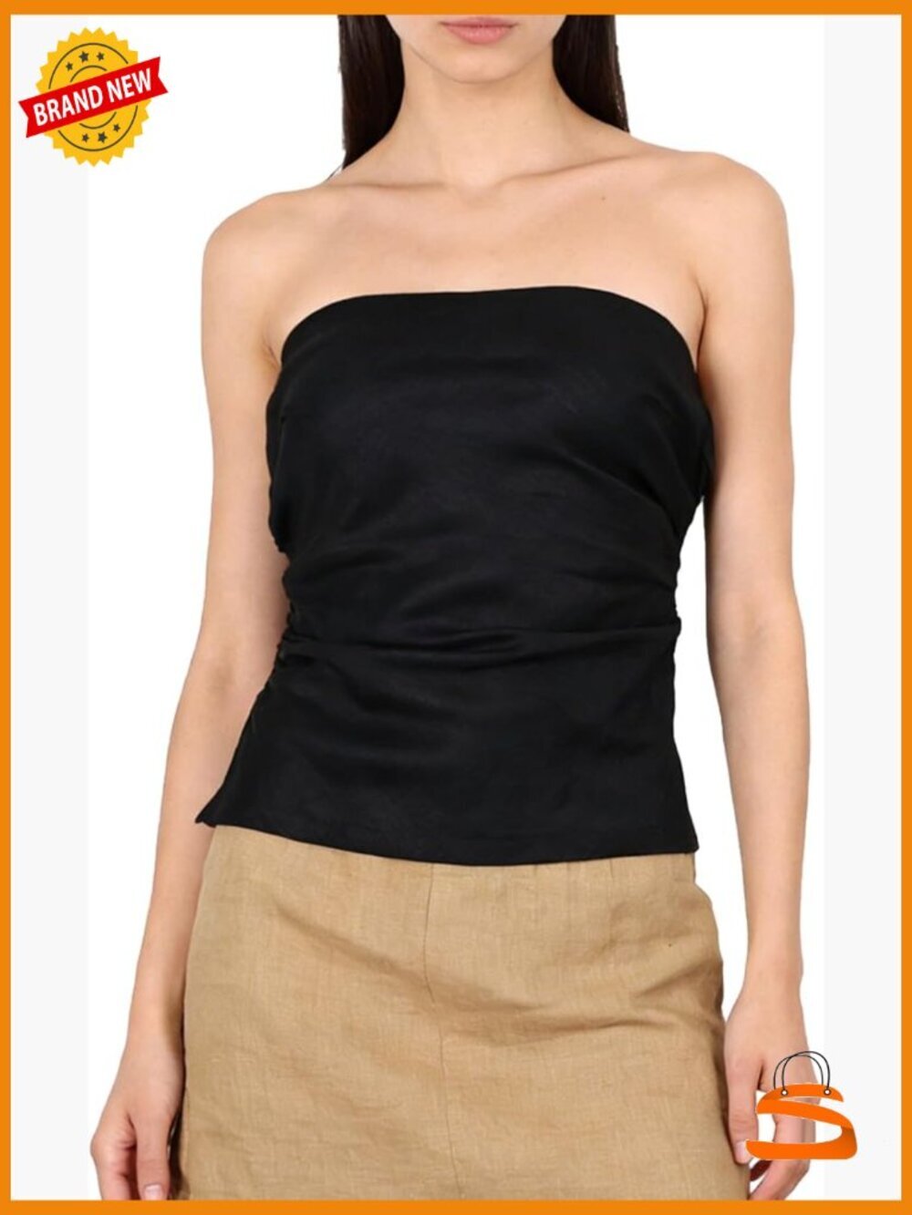100% Linen Strapless Tube Top with Split Hem Ruched Detail